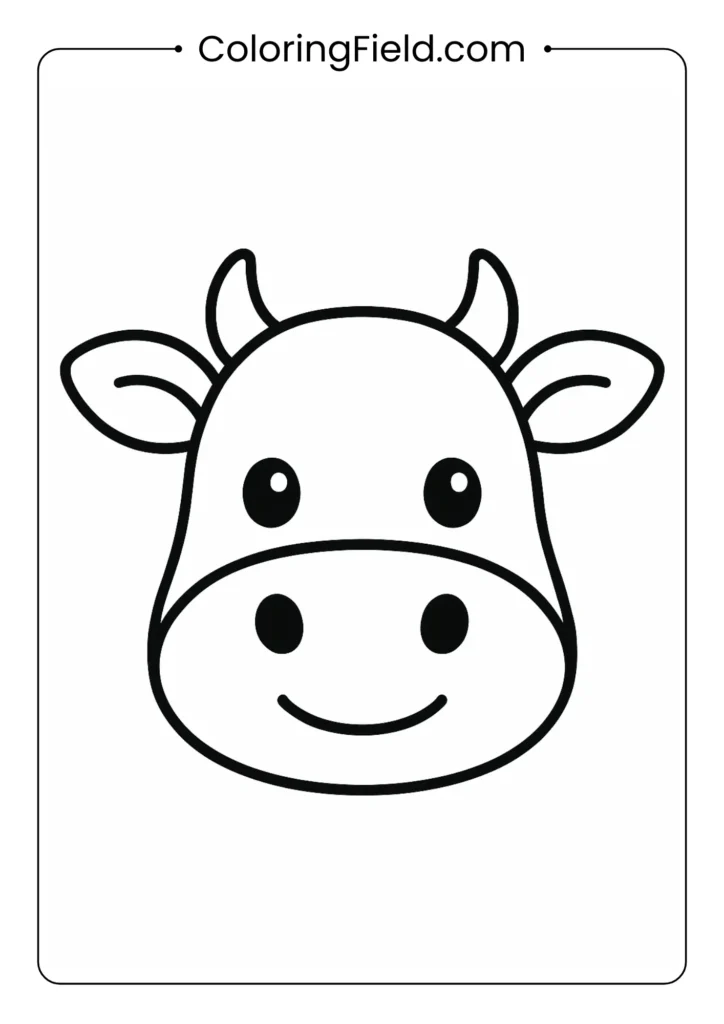 Cute cow face coloring page with big eyes and simple features for toddlers