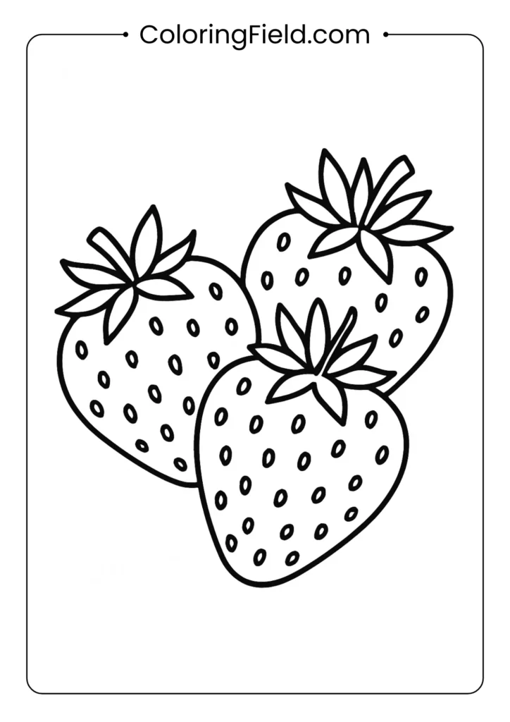 Three strawberries coloring page with heart shapes, seeds, and leafy tops