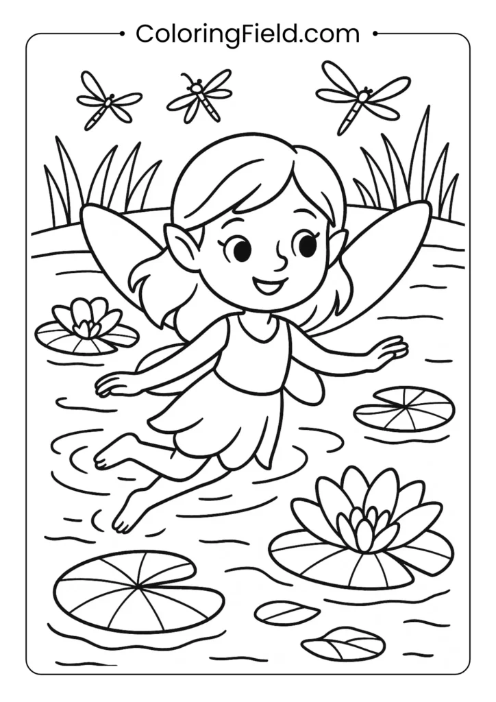Fairy swimming in summer pond with lily pads coloring page