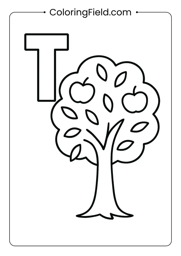 Letter T coloring page with leafy tree for nature alphabet learning