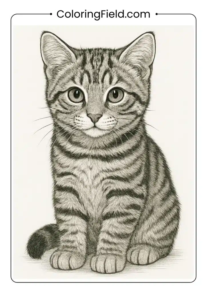 Striped tabby kitten with “M” forehead marking.