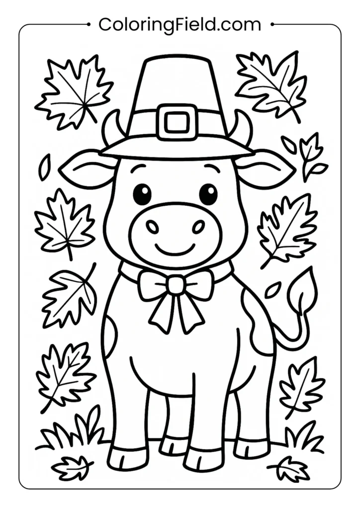 Thanksgiving cow with pilgrim hat and autumn leaves holiday coloring page