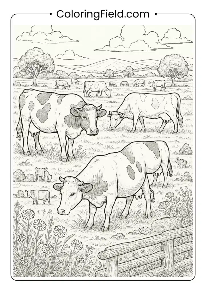 Detailed cow herd in landscape with multiple animals realistic coloring page