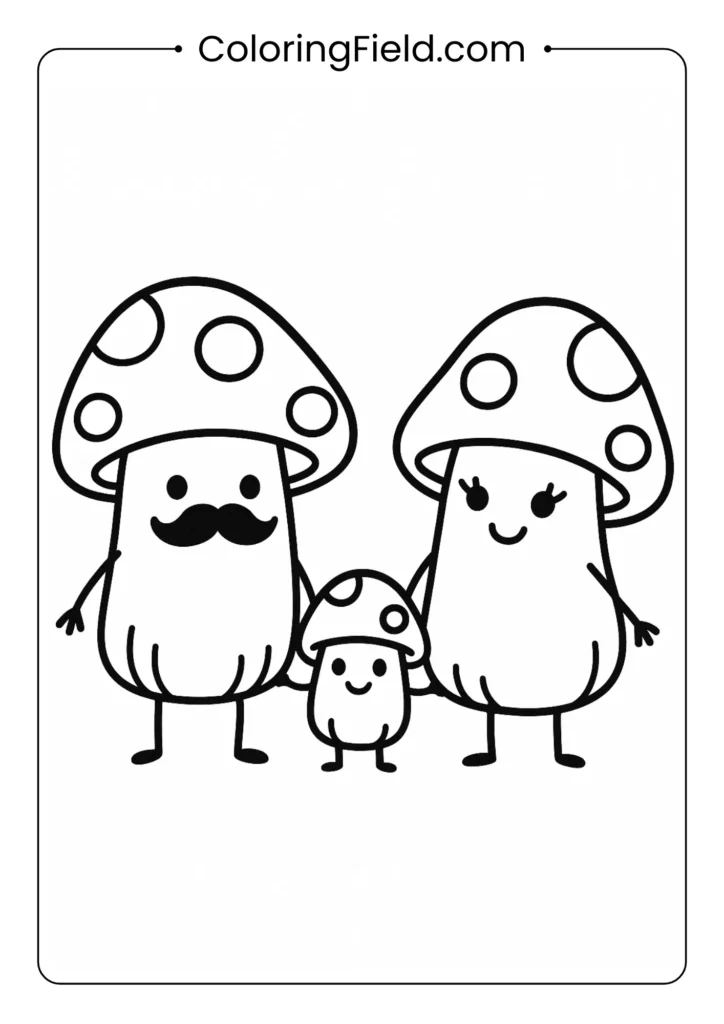 Mushroom family with mama, papa, and baby mushroom holding hands coloring page