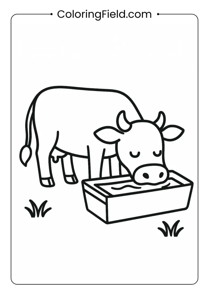 Simple cow drinking from water trough outline coloring page