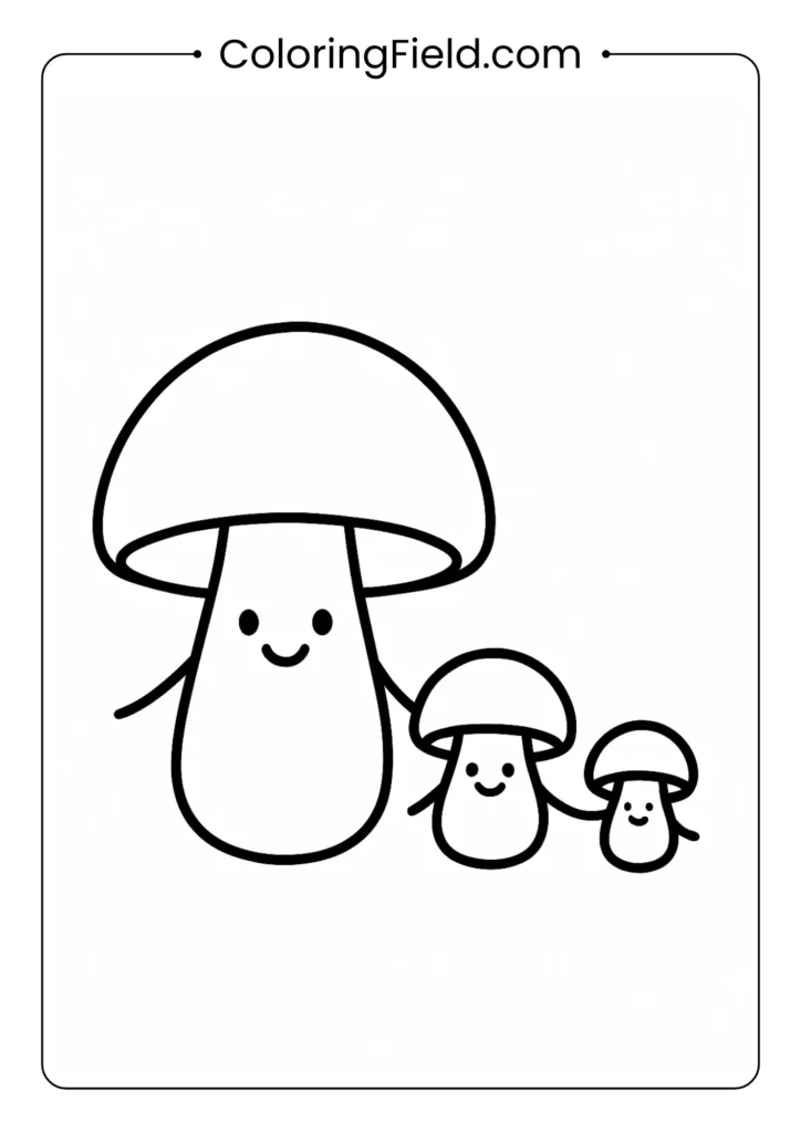 Three simple mushrooms of different sizes in a row coloring page