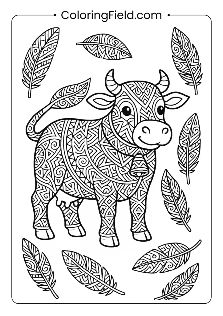 Cow with tribal patterns and feathers spiritual coloring page