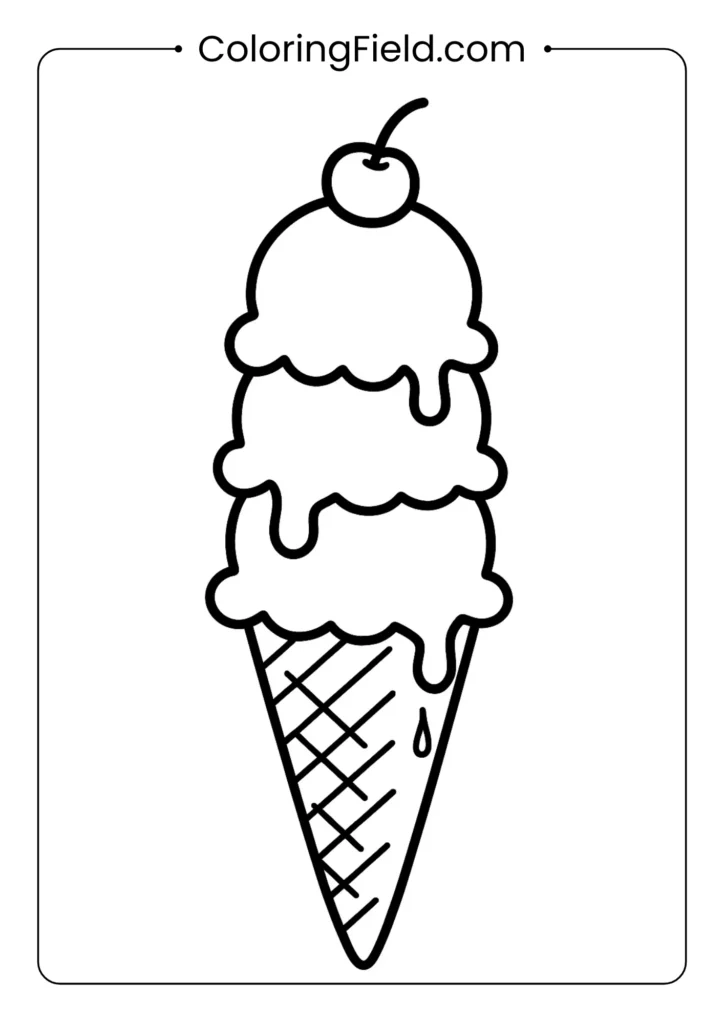Triple scoop ice cream tower coloring page with melting details and cherry on top