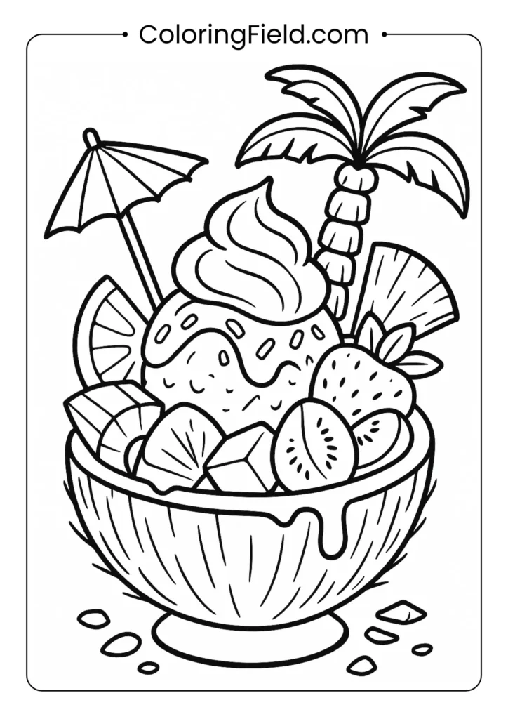 Tropical paradise sundae coloring page with coconut bowl and paper umbrella