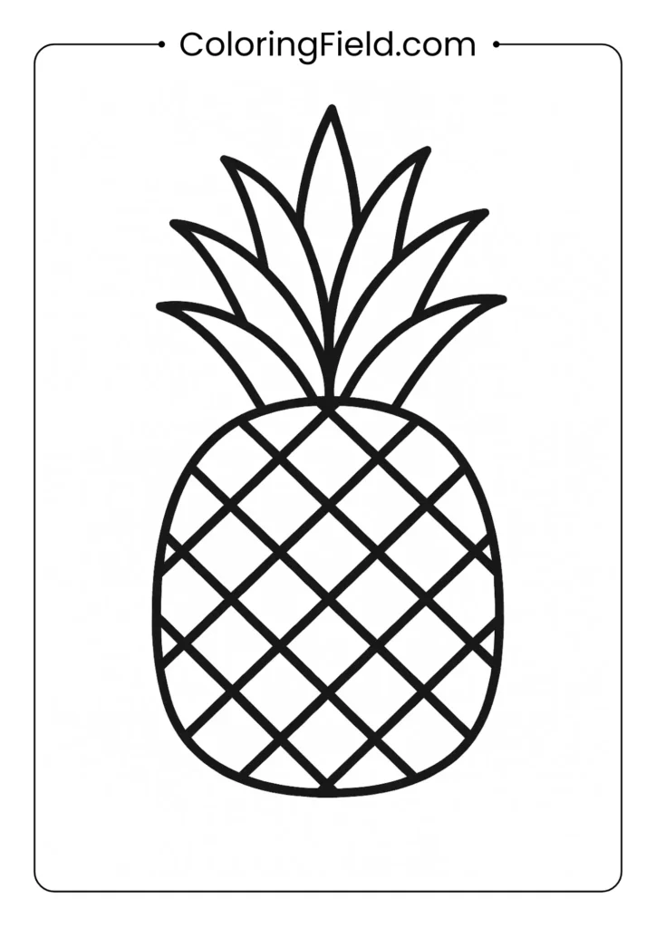 Pineapple coloring page with diamond pattern skin and spiky crown leaves