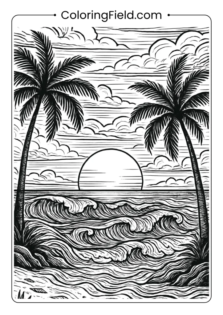 Detailed sunset over ocean coloring page with palm silhouettes and layered clouds