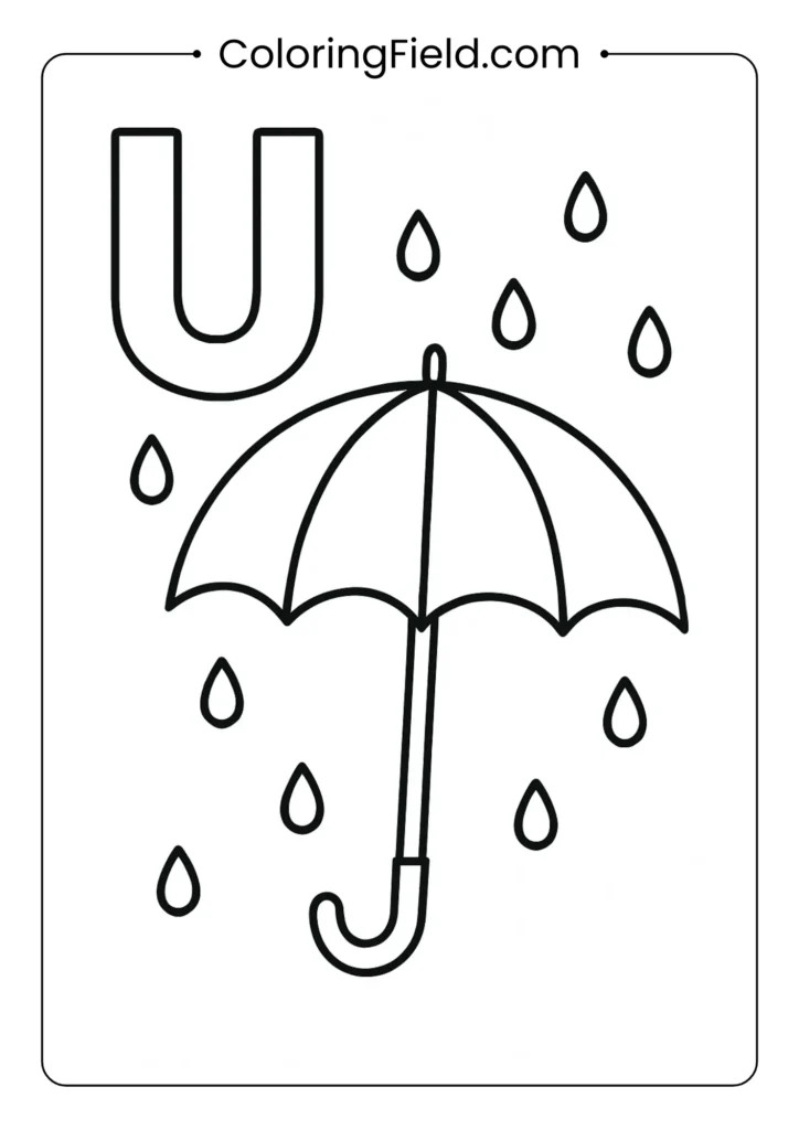 Letter U coloring page with rain umbrella for weather alphabet theme