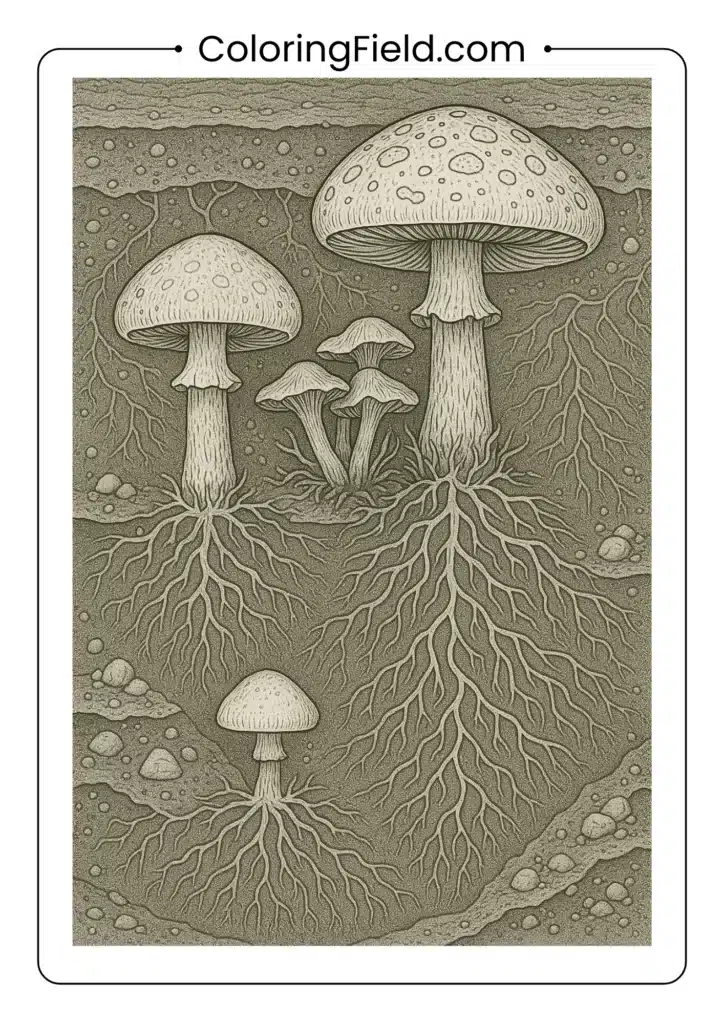 Complex mushroom arrangement with visible root systems and soil structure coloring page