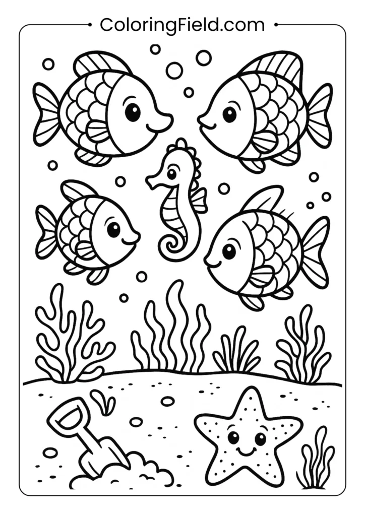 Tropical fish swimming together coloring page with coral and sea plants