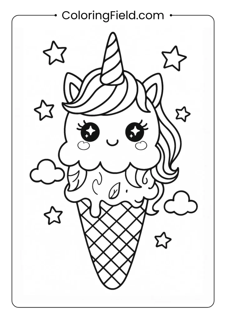 Unicorn ice cream character coloring page with rainbow mane and magical decorations