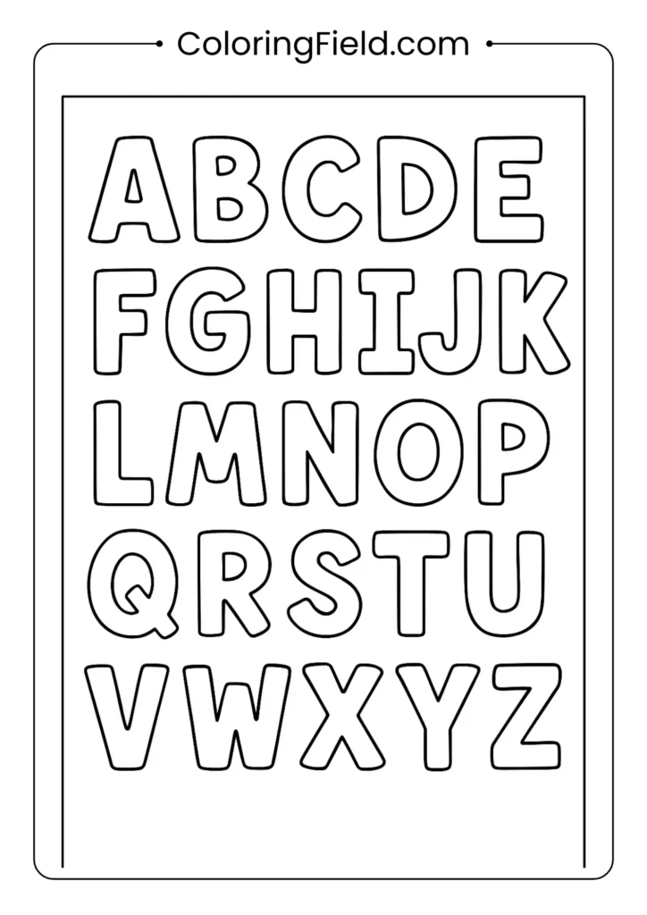 Coloring page with uppercase letters A to Z outlined in bold, ready to be colored.