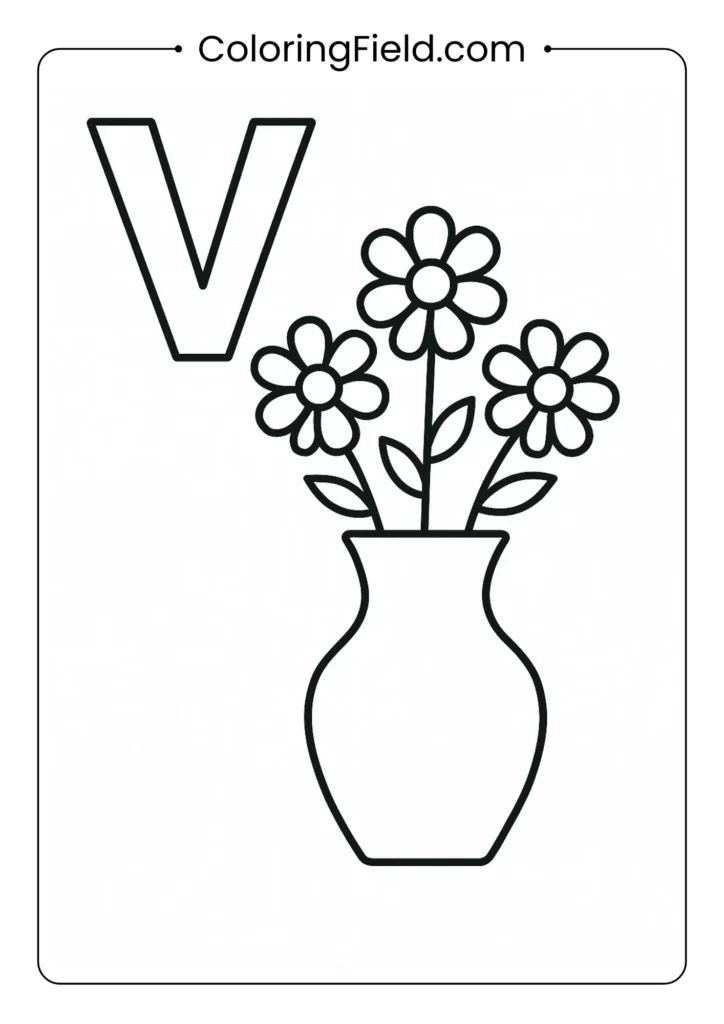 Letter V coloring page with flower vase for home objects alphabet learning