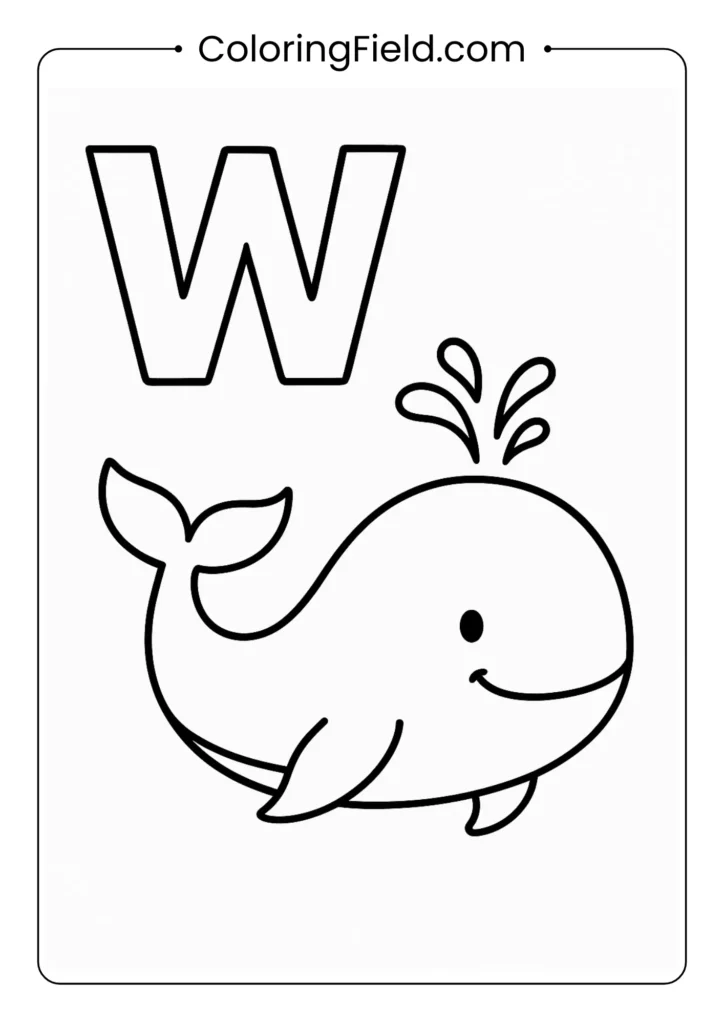 Letter W coloring page with friendly whale for ocean alphabet theme