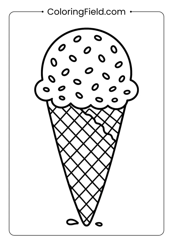 Chocolate chip ice cream waffle cone coloring page with detailed textures