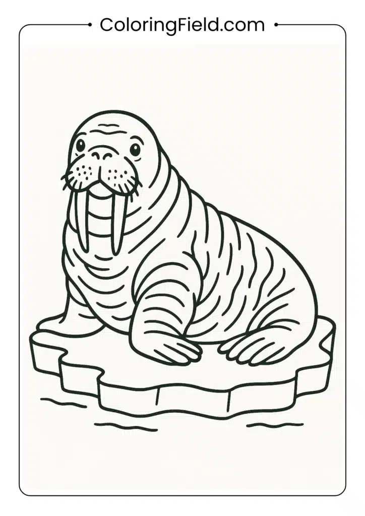 Walrus coloring page on ice floe with tusks and wrinkled skin