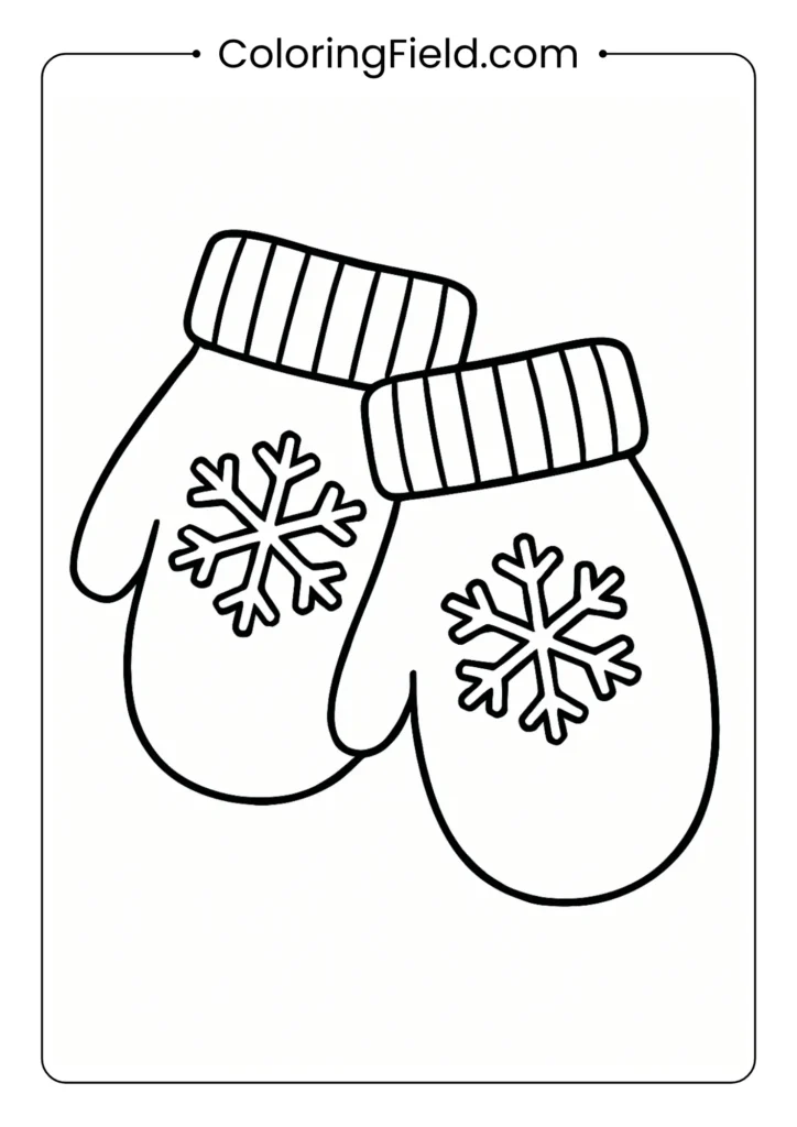 Winter mittens coloring page with ribbed cuffs and snowflake pattern