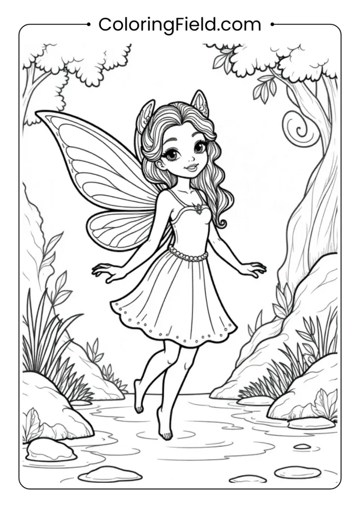 Waterfall fairy coloring page featuring a beautiful fairy with flowing hair and wings near a cascading waterfall surrounded by rocks and forest plants.