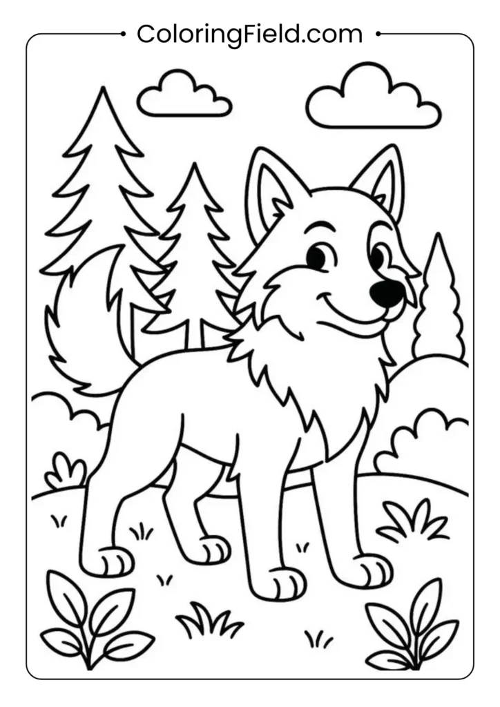 Wild wolf coloring page with fierce stance, sharp eyes, and rugged fur details