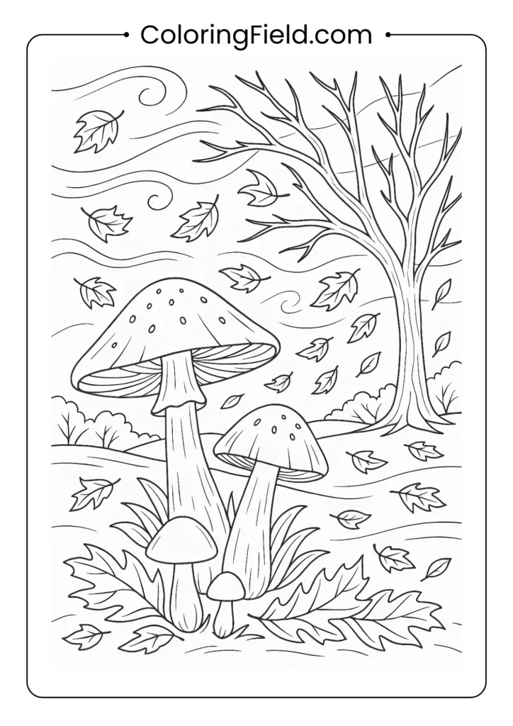 Fall landscape with mushrooms, bare tree branches, and swirling leaves coloring page