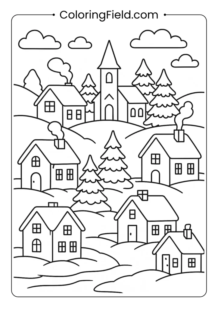 Winter village coloring page with houses church and snow covered roofs