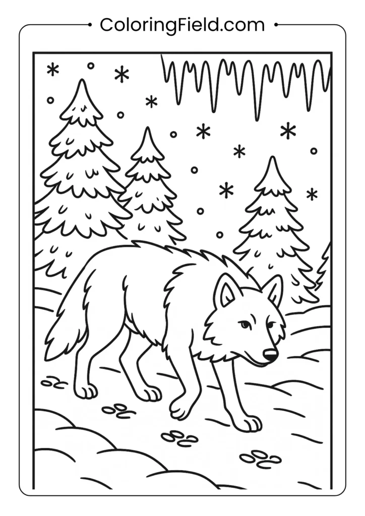 Winter wolf in snow coloring page with thick coat, pine trees, and snowflakes