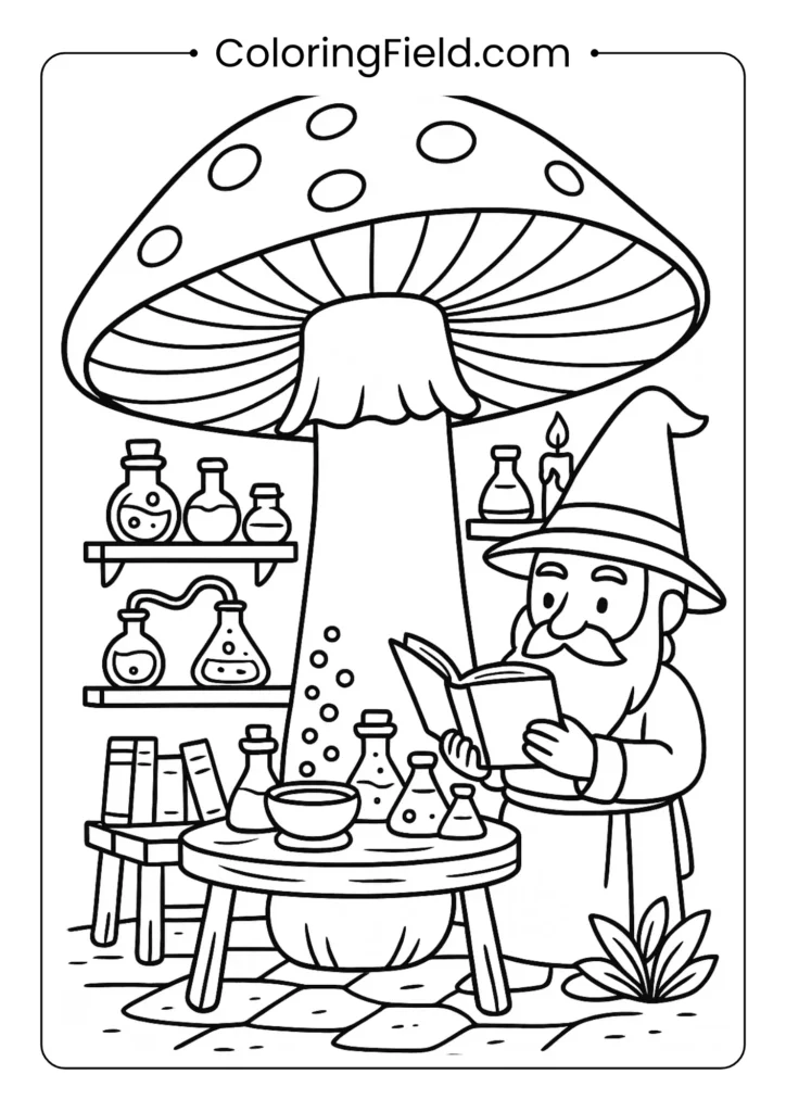 Wizard's mushroom laboratory with potion bottles and spell books coloring page