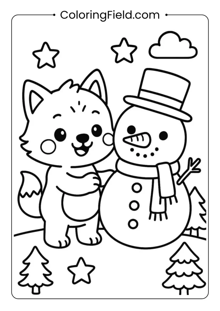 Wolf building snowman coloring page with playful wolf, snowy ground, and snowman details