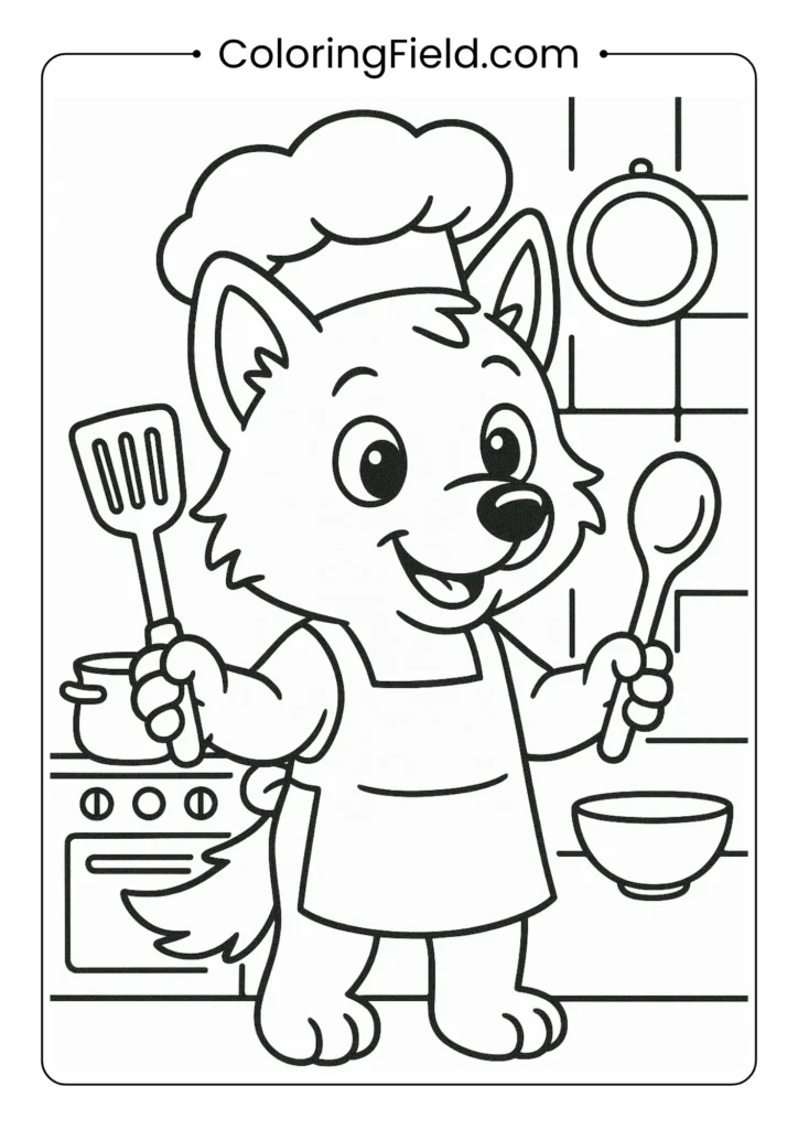 Wolf chef coloring page with chef hat, apron, and cooking utensils for kids