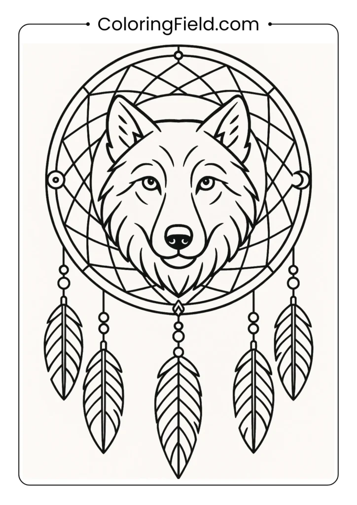 Wolf dream catcher coloring page with feathers, beads, and spiritual Native American symbols