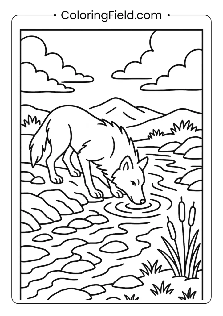 Wolf drinking water coloring page with stream, rocks, and cattails in peaceful nature scene