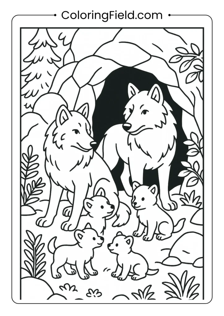 Wolf family den coloring page with parent wolves and pups at cave entrance