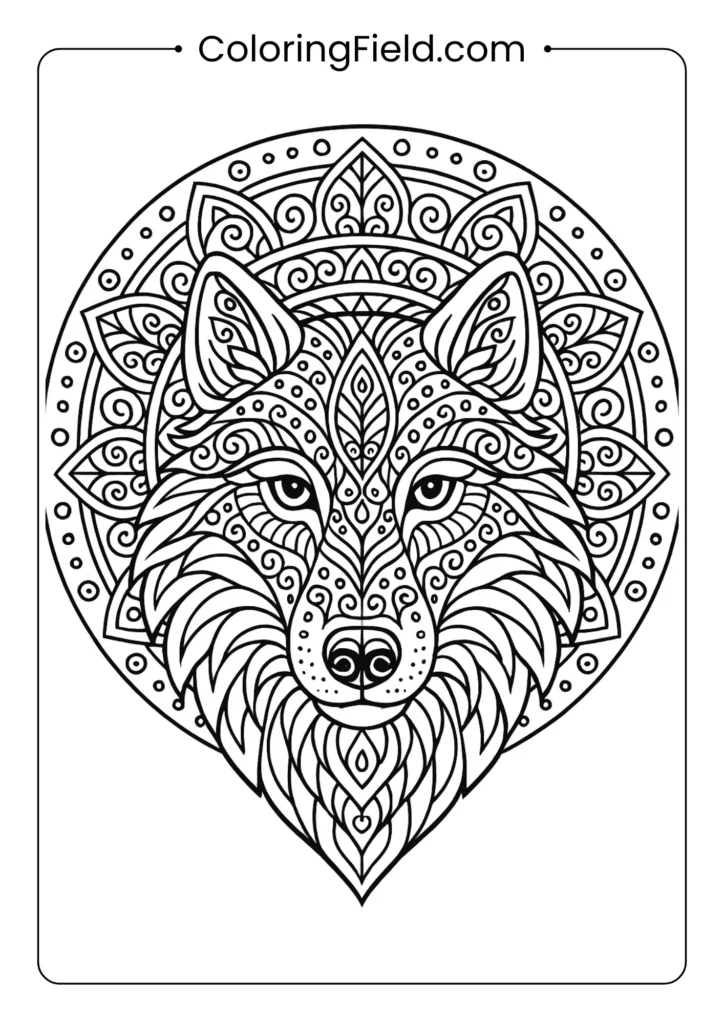 Wolf head mandala coloring page with geometric patterns and symmetrical design for adults