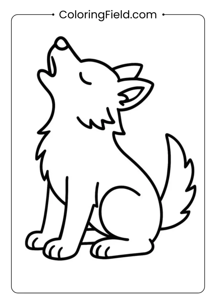 Wolf howling coloring page with raised head, open mouth, and detailed fur lines