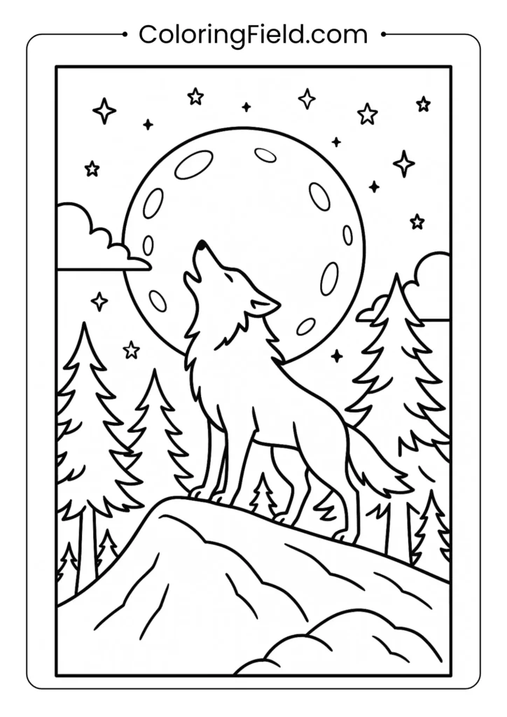 Wolf howling at full moon coloring page with night sky, pine trees, and stars