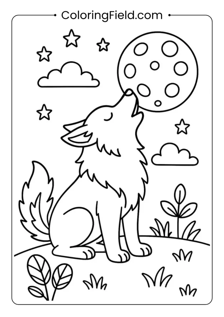 Wolf howling at moon coloring page with dramatic night sky and detailed wolf silhouette