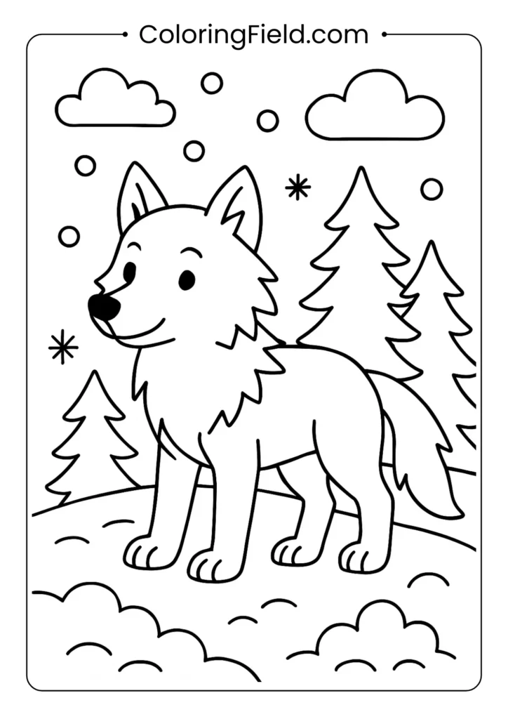 Wolf in snow coloring page with detailed fur, snowy ground, and winter background