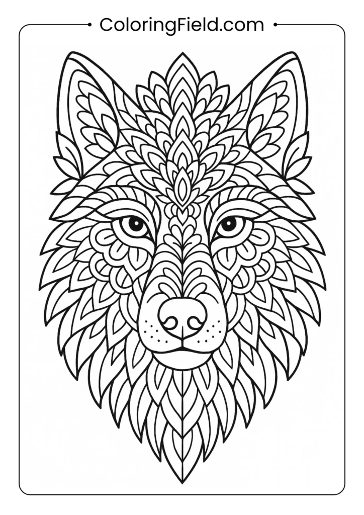 Wolf mandala coloring page with intricate patterns forming a wolf face design