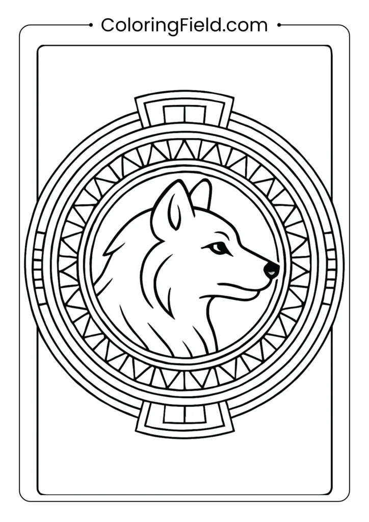 Wolf mandala medallion coloring page with concentric rings and radiating geometric patterns