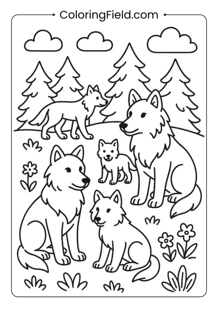 Wolf pack coloring page with multiple wolves standing together in a natural setting