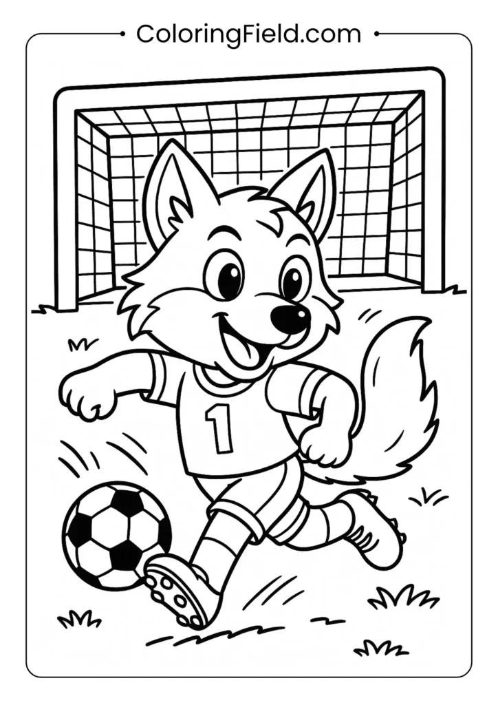 Wolf playing soccer coloring page with sports jersey and soccer ball for active kids