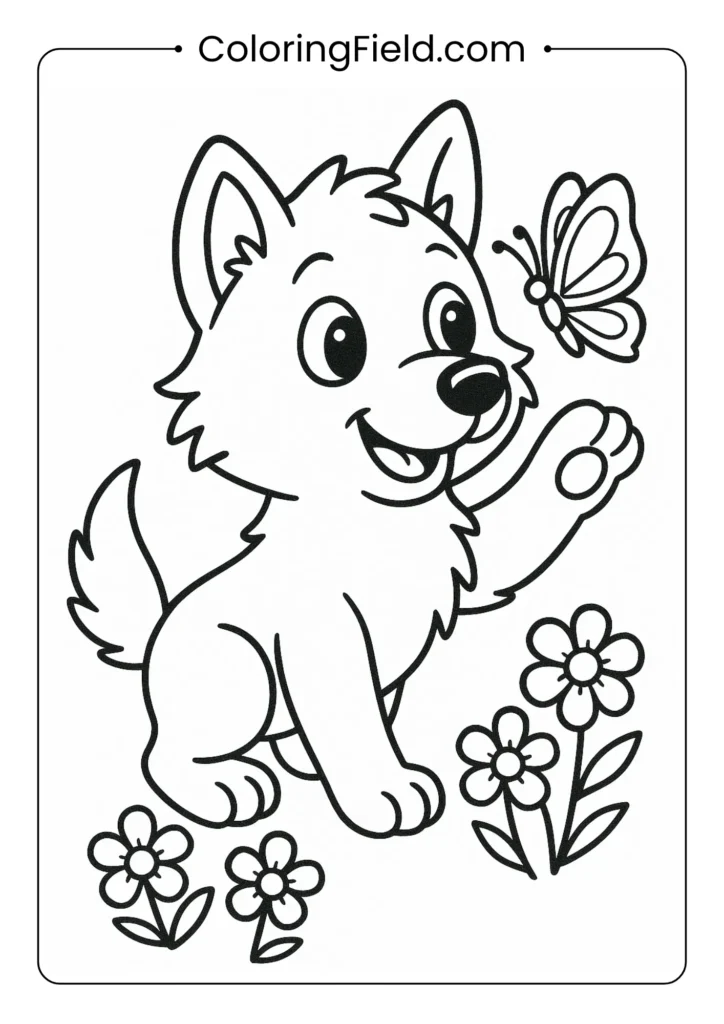 Wolf and butterfly coloring page showing gentle interaction with flowers and nature