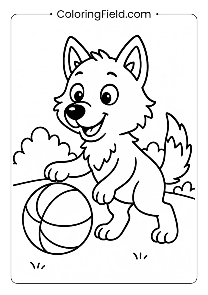 Wolf playing with ball coloring page with playful pose and fluffy fur details