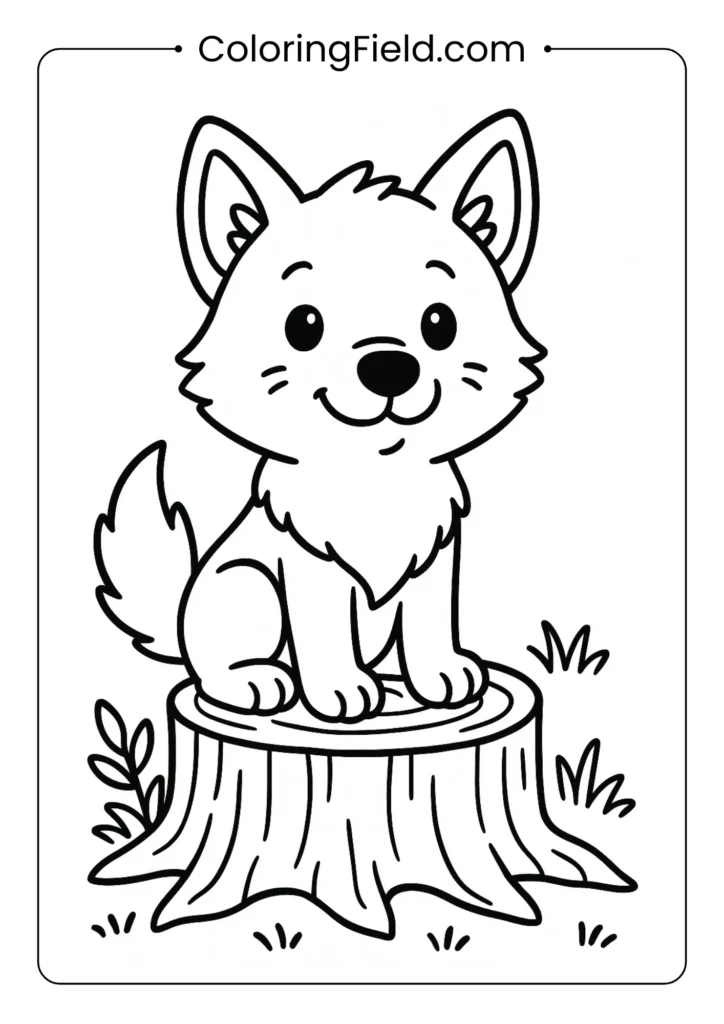 Wolf pup sitting on stump coloring page with fluffy fur and curious expression