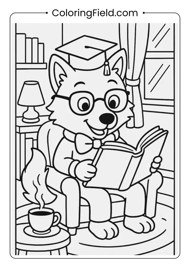 Wolf reading book coloring page with glasses and graduation cap promoting education