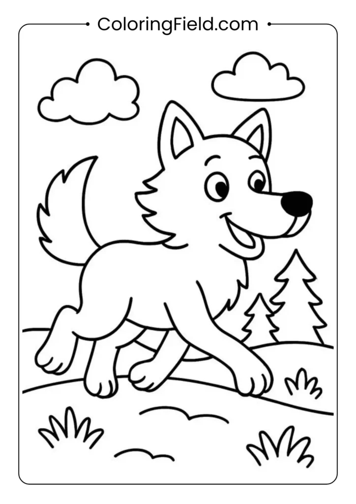 Wolf running coloring page with dynamic movement, flowing fur, and energetic pose